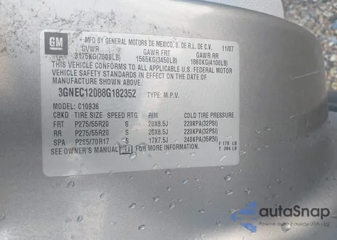 2008 Chevrolet Avalanche 1500 Ltz из США, поврежденный, VIN 3GNEC12088G182352